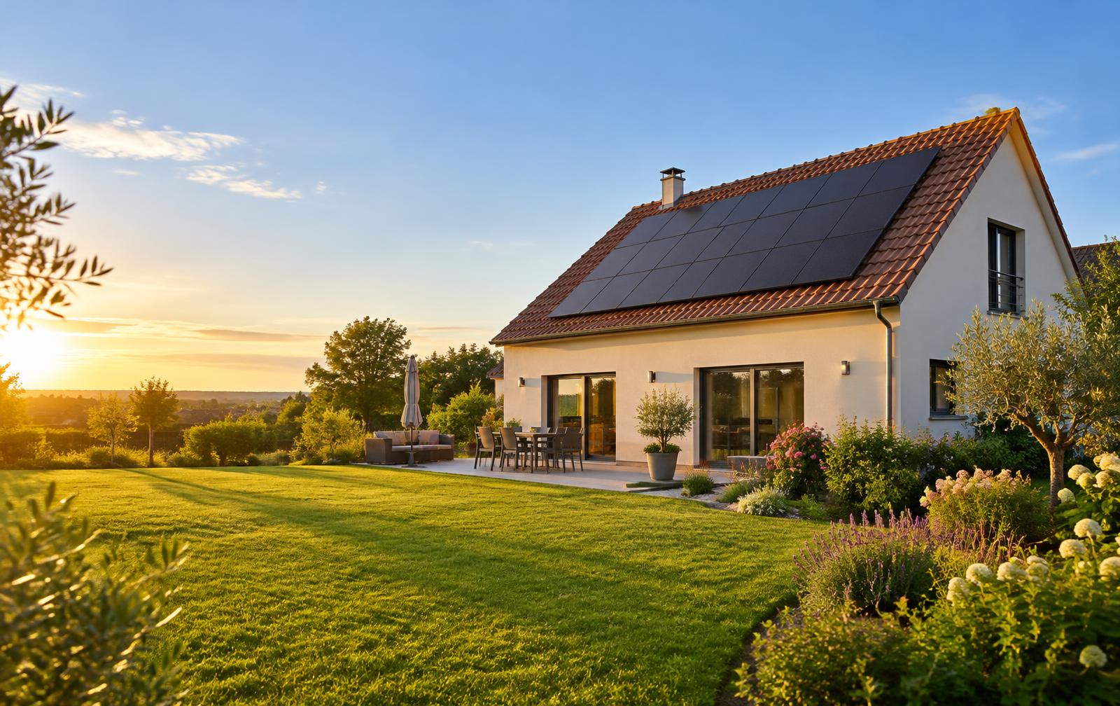 Maison équipée de panneaux solaires au coucher du soleil