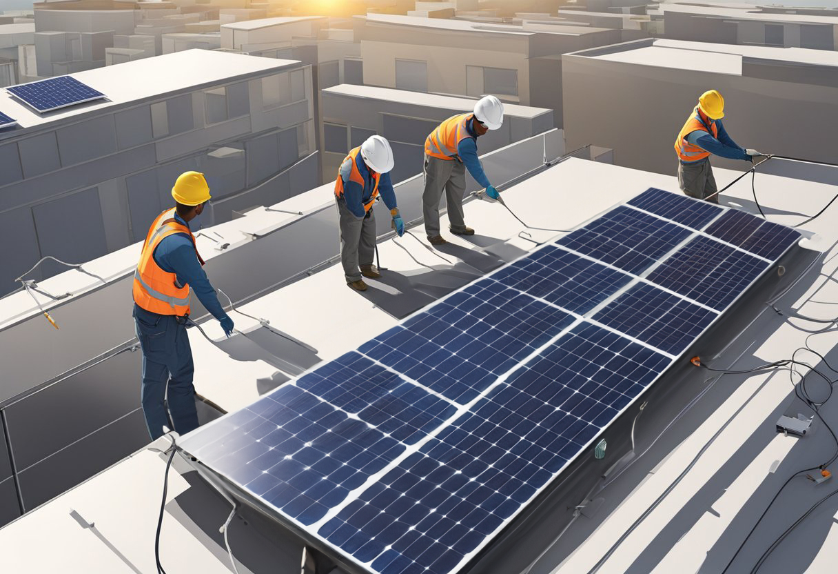 Ouvriers qui installent des panneaux solaires sur un toit