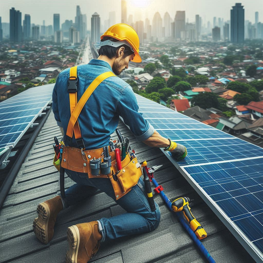 Technicien installant des panneaux solaires